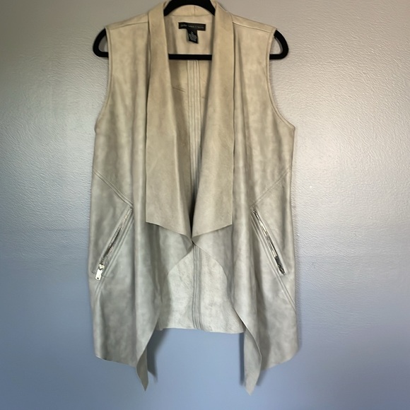 Joan Vass New York Faux Leather Suede Open Waterfall Cardigan Grey Vest Size M - Picture 1 of 9